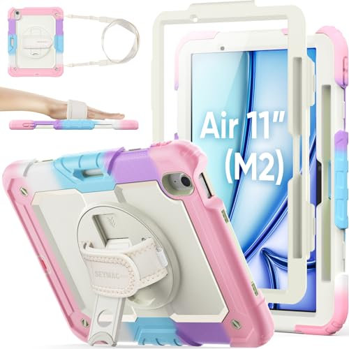 SEYMAC stock Coque pour iPad Air 11 Pouces M3/M2 2025/2024 / Air 7/6eme Génération, Coque Antichoc avec Béquille/Dragonne Rotative à 360 Degrés/Protecteur D'écran/Porte-Crayon/Bandoulière, Camo+Rosa