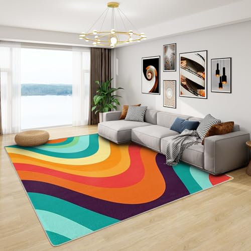 Teppich Wohnzimmer 70er Jahre - Teppich Wohnzimmer Schlafzimmer Retro Vintage 60er, Großer Teppich Hippie, Weich Kurzflor & Waschbar & rutschfest Wohnzimmerteppich, Bettvorleger 120x170 cm