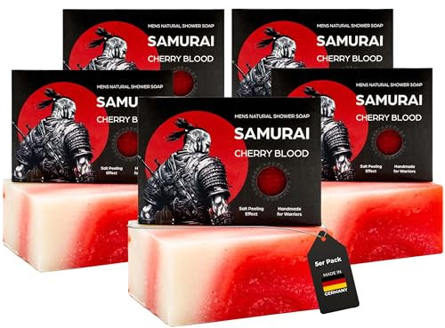 MEDUNA Samurai Cherry Blood 5er Pack Peeling-Seife Männer Mens Natural Shower Soap, Naturkosmetik, Naturseife, 100g, keine chemischen Zusätze, vegan, tierversuchsfrei