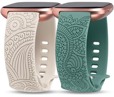 TOYOUTHS 2 Stück Boho Floral Gravierte Armband kompatibel mit Fitbit Versa 2/Fitbit Versa/Versa Lite Armband Frauen Männer Weich Silikon Sport Loop Ersatzarmbänder für Versa 2, Polarstern/Grün