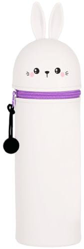 QRKPVHD Kawaii Federmäppchen, mäppchen, 2-in-1 Weiche Silikontasche, Federmäppchen, Stand Up Federmäppchen, Tier Stifthalter, Stifthalter Bleistifttasche Mädchen Junge (Weißes Kaninchen)