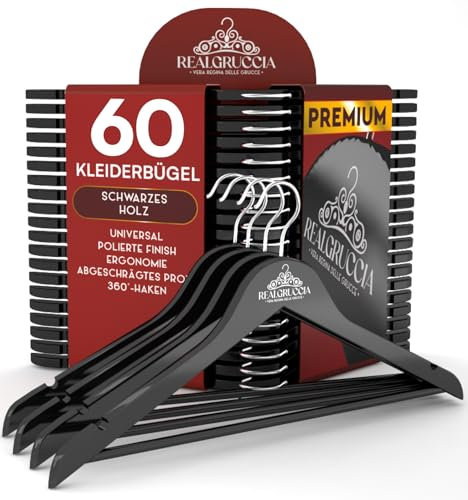 60 Kleiderbügel aus Holz Anti-Rutsch-Einkerbungen Holzbügel RealGruccia Farbe Schwarz von Hosen Anzügen und Hemden - Hosensteg Polierter Oberfläche Drehbaren Hakens und Abgeschrägte Profile - 22x45cm