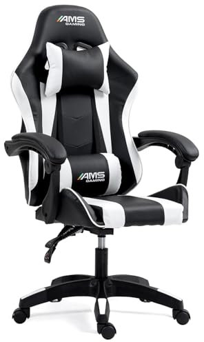 AMS-GAMING Chaise Gamer#02-White Coloris Noir & Blanc - Coussin Lombaire & appuie tête - Siège Gaming