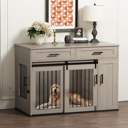 DAWNYIELD Cage pour Chien en Bois, avec Portes Coulissantes, Tiroirs et Armoire de Rangement. Maison pour Chien D'intérieur Verrouillable, Table D'appoint Grise.