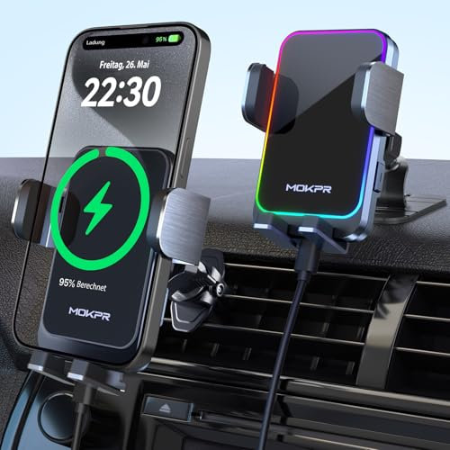 MOKPR 15W Handyhalterung Auto mit Ladefunktion, Handyhalterung Auto Induktives Laden, Induktive Ladestation Auto Wireless Charger für iPhone 16/15/14/13/12 Serie&Samsung S24/23/22, LG mit RGB-Licht