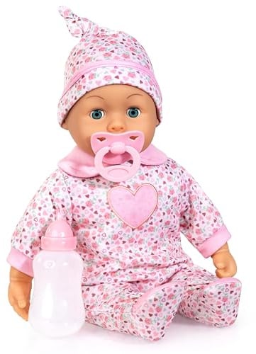 Bayer Design Babypuppe First Words, interaktiv, Spielpuppe sprechend | 24 Babylaute, Schlafaugen, weicher Körper, 38 cm, Schnuller und Flasche