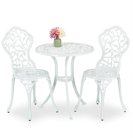 Relaxdays Gartenmöbel Set, 3-teilig, Tisch & 2 Stühle, Aluguss, Balkonmöbel mit Blättermuster, Garten Sitzgruppe, weiß