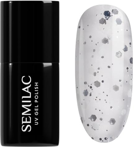 Semilac UV Nagellack 924 Silver & White Drops 7ml Farbgel für Nägel | Transparent mit weißen und silbernen Partikeln - Bling Look