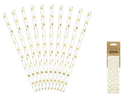 Lot de 12 - Lot de 10 pailles carton blanc avec coeurs or 19. 5cm