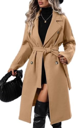 Soulolo Damen Wollmantel Lang Warm Damen Trenchcoat Reverskragen Winter Mantel Revers Zweireihiger Vintage Einfarbig mit Gürtel Outwear Herbst Winter Jacke