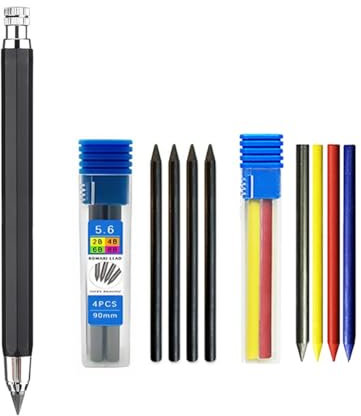 MROOFUL Druckbleistift-Set aus Metall, 5,6 mm, mit 4-farbiger Mine + schwarzer Mine (2B/4B/6B/8B) für Tischler, Markierung, Ingenieur, Skizzieren, Schreiben, automatischer Bleistift (schwarz)