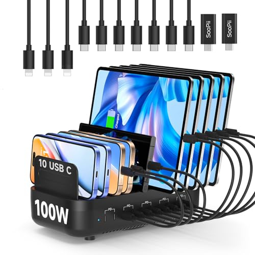 SooPii 100W 10-Port USB-Ladestation mit 10 USB-C-Anschlüssen, Unterstützt PD-Schnellladen und ist kompatibel mit Phone, lPad, Galaxy und Anderen Geräten, inklusive 10 Gemischter Ladekabel (Schwarz)
