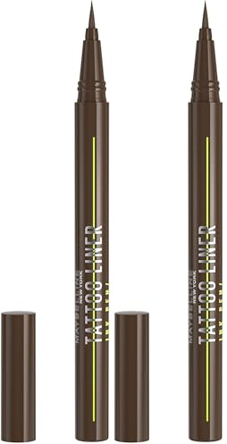 Maybelline New York Flüssiger Eyeliner, Wasserfest, wischfest und langanhaltend, Vegan, Tattoo Liner Ink Eyeliner, Nr. 882 Pitch Brown (Braun), 1 ml (Packung mit 2)