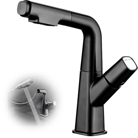 Robinet Cuisine Noir, avec Robinet Extractible, Peut Être Elevé et Baisse de 6 cm, Rotation à 360°, Robinets D'évier avec Deux Modes de Débit D'eau, avec Tuyau D'arrivée D'eau de 60 cm (Black)