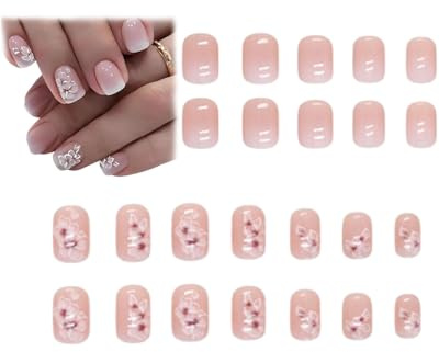 FUGLUS 24 Stück Weiß Eckig Nägel Zum Aufkleben Kurz mit Blumen Muster,Gradient Pink Press on Nails,Kunstnägel Fake Nails für Nails Art,Square French Künstliche Nägel Frauen