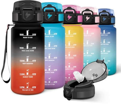 Motswedi Gourde Enfant, 500ml avec Paille, Gourde Sport, Réutilisable, Anti-Fuite, Bouteille, avec Marqueur de Temps, Bouteille d'eau, pour École, Fitness, Yoga, Sport, Noir Rouge