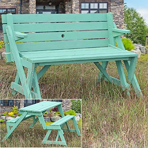 Faltbare Gartenbank & Bildertisch für den Außenbereich, verwandelbarer Holz-Terrassen-Esstisch für Hinterhof, Veranda, Deck – vielseitige grüne Outdoor-Möbel