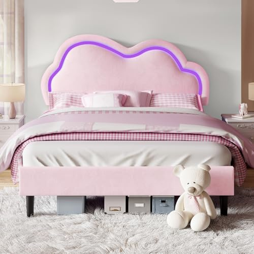 LUXOAK Kinderbett 90x200, Polsterbett mit LED Kopfteil und Stauraum, Rosa | Cloud Design Kopfteil, RGB LED Beleuchtung, App & Fernbedienung, Metallrahmen, 360 kg Belastbarkeit