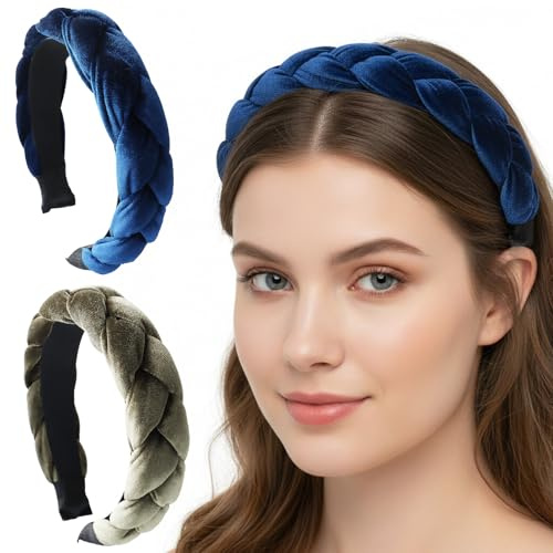 2 Pièces Serre-têtes Femme, Bandeau pour Cheveux Tressé en Tissu, Anneau à Cheveux en Velours, Large, Épais, Accessoires de Coiffure pour Femmes et Filles