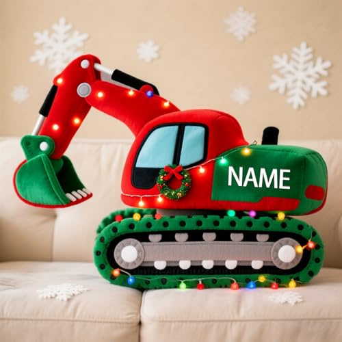 XIAO.Z Personalisiertes Weihnachtsbagger geformtes Kissen, benutzerdefinierter Name 2D gedruckt Bautechnik Fahrzeug Bagger werfen Kissen Sofa Dekoratives gefüllt Dekor