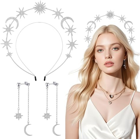Zosutetoxo 2 pièces Serre-tête Étoiles Ensemble avec Boucles d'oreilles Soleil Lune, Bijoux Strass pour Carnaval Déguisement Femme Fête