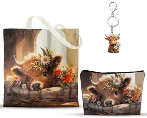 Cunegra Hochlandrind Kosmetiktasche und Tragetasche Set, Kuh Geschenke für Frauen, Schlüsselanhänger Hochlandrind für Kuhliebhaberin, 3 Stück Süße Schottland Geschenke