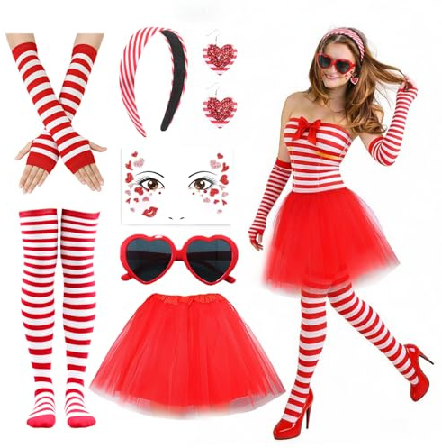 Köln Karneval Kostüm Damen,Karneval Rot Weiss Kostüm Accessoires,Haarreif Handschuhe,Tütü Rock,Strümpfe,Herz Brille,Gesichtstattoos,Ohrringe für Kölner Rot Weiss,Kölle Faschingskostüme,Fasching Kostüm