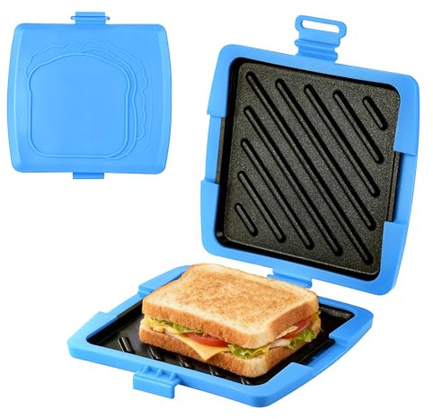 Hahorpa Sandwichmaker Mikrowellen, Sandwichtoaster 16 x 16 cm | Blau, Kontaktgrill Abnehmbare Platten und Silikonschale, Plattengriller zum Bacon Sandwich Panini Grillen
