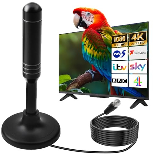 Indoor TV Aerial High Gain Freeview HD 4K 1080P Portable Digital Antenna with Strong Signal 300+Miles Long Range for Smart TV DVB-T/T2 Ariels Indoor Outdoor for Car Home Camping with 9.8ft Coax Cable