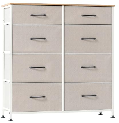 8-Drawer Fabric Chest of Drawers for Bedroom with Sturdy Metal Frame, Beige | Wooden Top & Metal Frame, Anti-Tip Design, Large Capacity for Bedroom/Livingroom/Entryway, Smooth Slide Drawers, Easy Assembl