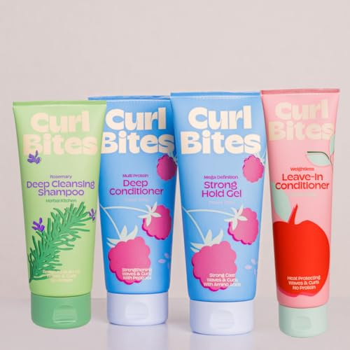 Curl Bites | Power House Care & Styling Set - Deep Cleansing Shampoo, Multi Protein Deep Conditioner, Weightless Leave-In Conditioner, Strong Hold Gel - insgesamt 750ml