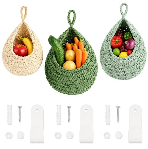 LIULINY 3 Stk Weberei Obstkorb Hängend, Baumwolle Teardrop Obst Hängekorb A | Atmungsaktiv Hängender Obstkorb mit 3 Haken, für Küche Deko, Wohnzimmer Platzsparende Hängeaufbewahrung für Gemüse, Obst