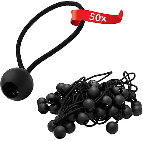 ECENCE Spanngummis mit Kugel 50 Stück, Planenspanner, robuste Expanderschlingen mit Kunststoff-Kugel, Zeltgummis 15cm zum Sichern von Planen, Pavillons Schwarz