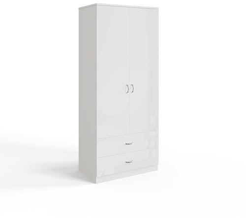 FWStyle 2 Door 2 Drawer Combination White Wardrobe High Gloss Modern Bedroom Furniture & Storage