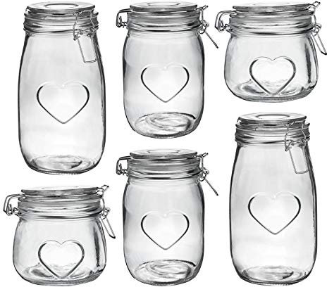 Nicola Spring Heart Design Glass Storage Food Preserve Jars - 500ml / 1L / 1.55L - Clear - Set of 6