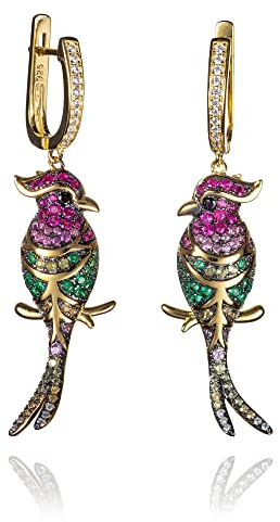 Namana Gold Papagei Ohrringe für Damen, vergoldete 925 Sterling Silber hängende Ohrringe für Frauen mit farbigem Zirkonia, lange goldene Ohrringe im eleganten tropischen Vogel Design