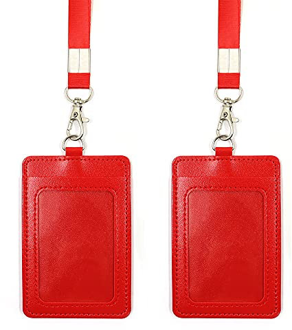 Lot de 2 porte-badges verticaux en cuir synthétique avec cordon en nylon détachable de 55,9 cm pour bureau, école, permis de conduire (rouges)