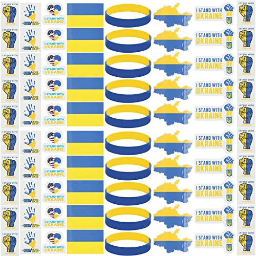HOHXFYP 80 St¨¹ck Ukraine-Armb?nder und Aufkleber, Gummiarmb?nder, Ukraine-Armband, ukrainische Karte, Aufkleber, Aufkleber f¨¹r Sportfans, Autos, STO?stangen, Laptops