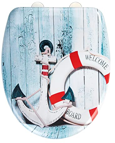 WENKO WC-Sitz Welcome board Premium-Duroplast Design-Toilettensitz mit Easy-Close Absenkautomatik & Fix-Clip Hygiene-Befestigung aus rostfreiem Edelstahl, antibakteriell & kratzfest, 38 x 45 cm