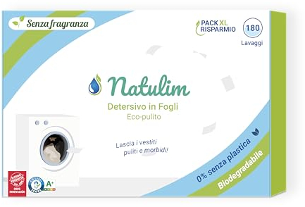 Natulim Detergente en Tiras para Lavadora (180 Lavados) - Incluye efecto Suavizante, Ecológico, Hipoalergénico, Zero Waste, Made in Spain - Ropa limpia y suave sin ensuciar el Planeta (Sin Fragancia)