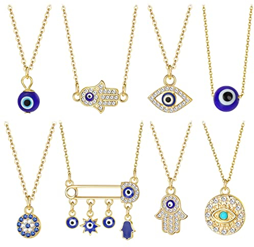 Kakonia 8 Stück Türkisches Auge Halsketten Blaues Evil Eye Anhänger Hamsa Schutz Stretch Amulett Kabbalah Schmuck Geschenk für Damen Herren