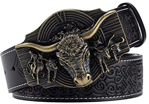JIARY Herren Gürtel Western Gürtel Herren,Cowboy-Gürtel Long Horn Bull Western-Gürtel Kuh-Muster-Gürtel Freizeit-Cowboy-Gürtel,Black b,120CM/47.3''