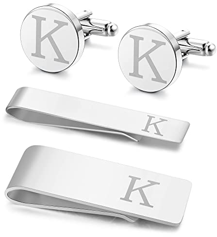 Morfetto 4 Stück Edelstahl Manschettenknöpfe Krawattennadel Geldscheinklammer Set Initialen A-Z mit Geschenkbox für Trauzeuge Bräutigam Hochzeitsgeschäft Silber-K