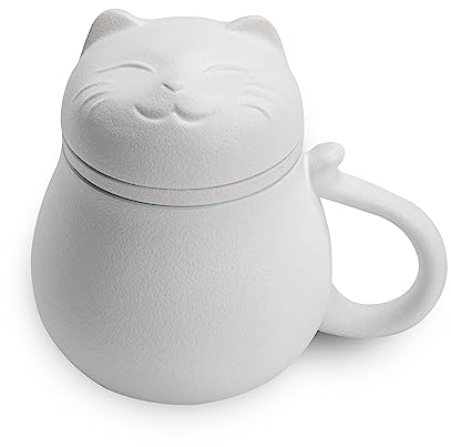 Taza de té de cerámica con infusor y tapa (14 onzas), taza de té con bonito filtro de diseño de gato para empapar hojas sueltas, regalo para vacaciones, cumpleaños, casa cálida (blanco)