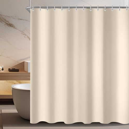 Lerores Duschvorhang 150x200cm Beige, Beschwerter Saum Antischimmel Textil, Wasserabweisend, Waschbar Polyester Stoff Badevorhänge für Badezimmer, Badewanne mit 12 Duschvorhangringe