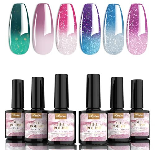 Kredioo Colour Changing Gel Nail Polish Set, 6 Colors Glitter Pink Green Purple Blue Temperature Change Manicure Nail Art Gel for All Season Spring Summer Fall Winter, UV/LED Cured Needed