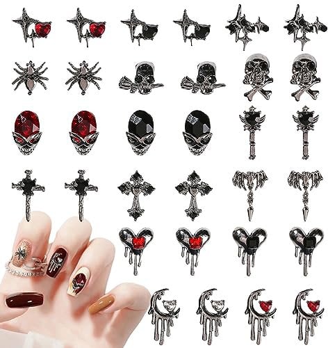 Symphonyw Halloween Nail Charms, 32 Pcs Multi-Shaped Metal Alloy & Rhinestone Nail Decorations (Multi-Colored)