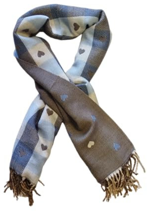 Seaside No.64 - XXL Wendeschal Herzenssache - kuschelig weiches Halstuch mit Herzen und Fransen - in braun & beige kombiniert mit kariertem & gestreiften Muster für Herbst, Winter, Frühling (hellblau)