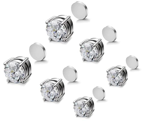 XOUDKE 3 Paires 5/6/7mm Boucles d'oreilles Magnétique en Acier Inoxydable pour Femme Homme Fille Boucle d Oreille Aimant Sans Trou Boucle d'oreille Clip Non Piercing Zirconium Ronde Clou Argent