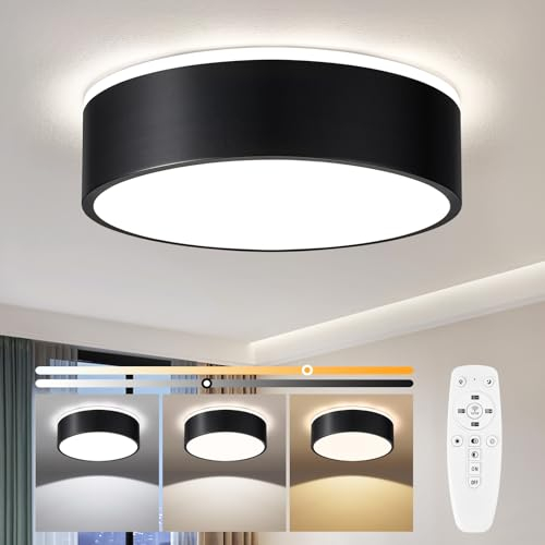 Vikaey LED Deckenleuchte Schwarz 30cm, Rund Deckenlampe Dimmbar mit Fernbedienung, 24W Metall Led Lampe Decke Modern für Wohnzimmer, Schlafzimmer, Küche, Flur, Badezimmer - 2560LM